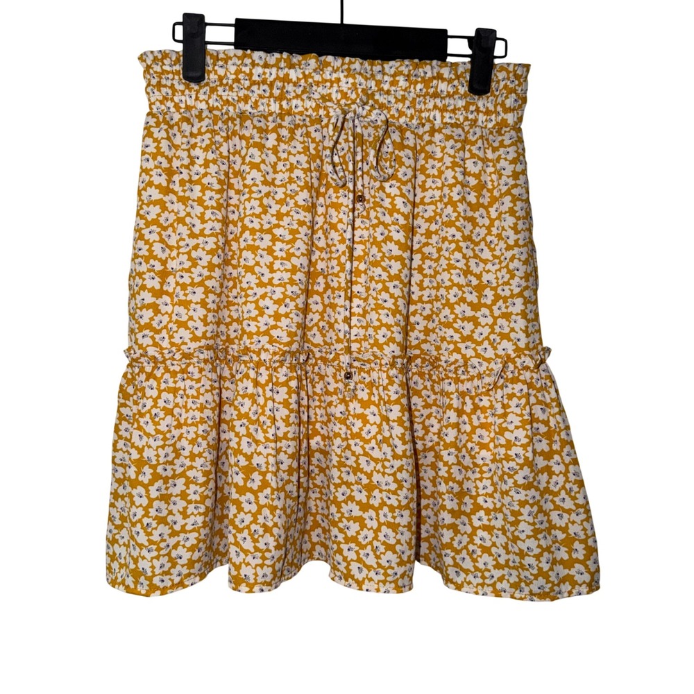 Crescent Mustard Yellow Floral Tiered Mini Skirt Smocked Waist CS5433-3 Size M